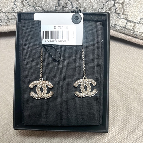 Authentic CHANEL Silver and Crystal Logo Earrings - Picture 5 of 7